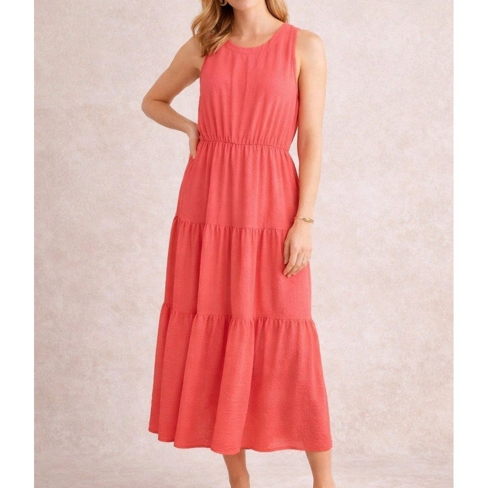 Notations Coral Tiered Dress L NWT Sleeveless Lined Midi Flowy Summer
